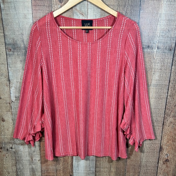 W5 Tops - W5 Soft Red White Dotted Stripe Ruffle Sleeve Blouse Top XL Lightweight